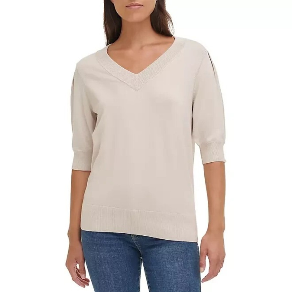 DKNY Ladies Puff Sleeve Sweater V-Neck Birch Beige XXL 2XL Pullover